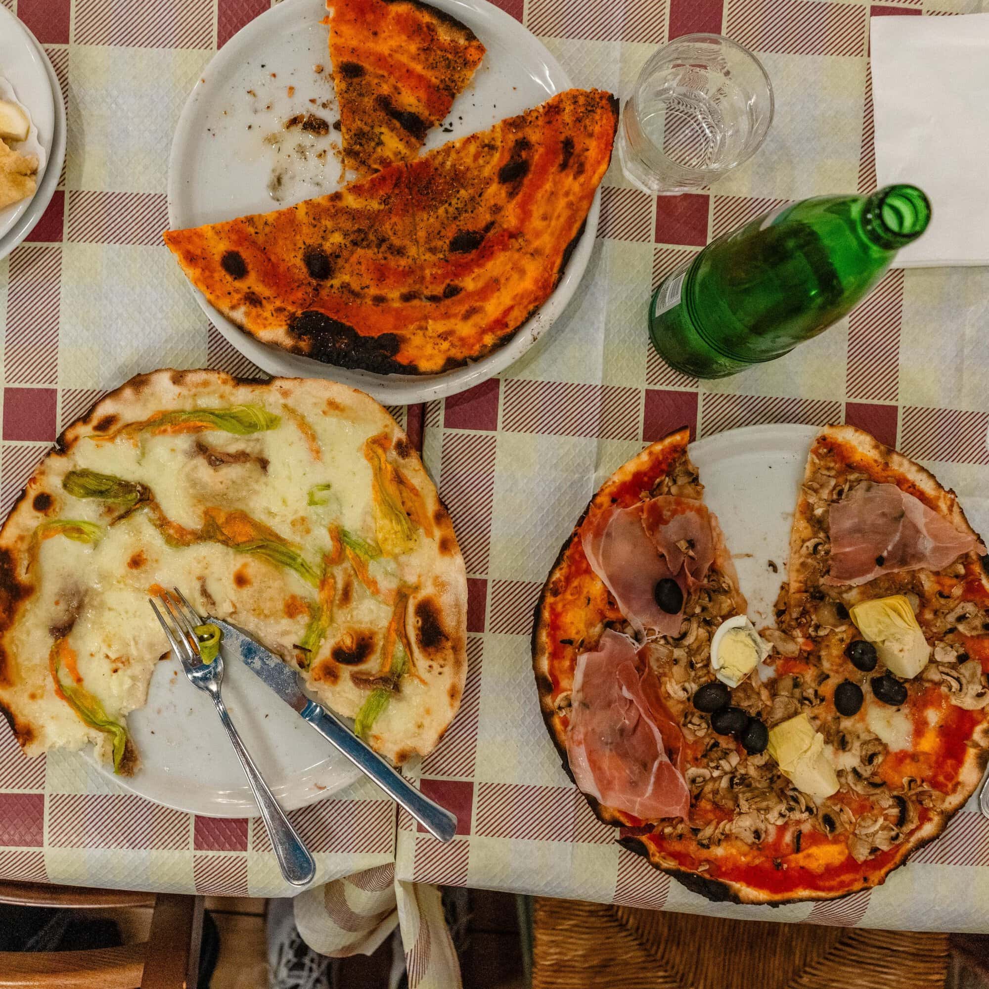 Overhead view of thin crust Roman pizza